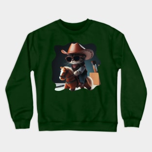 A cat wearing sunglasses and a cowboy hat riding a toy horse Crewneck Sweatshirt